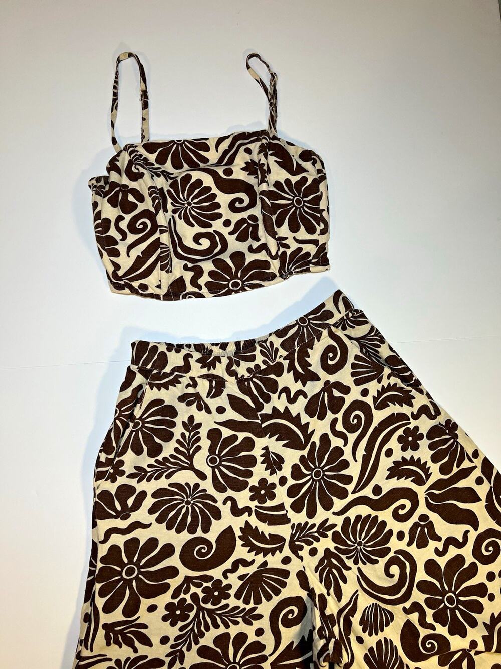 Midnight Sky Women's 2-Piece Floral Set Wide-Leg Elastic Waist Brown Beige S